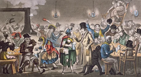 Tom e Jerry &39;Mascarando-o&39; Entre os Cadgers nas &39;Back Slums&39; na Terra Santa, de &39;Life in London&39; de Pierce Egan (1772-1849), 1821 (aquatinta colorida)